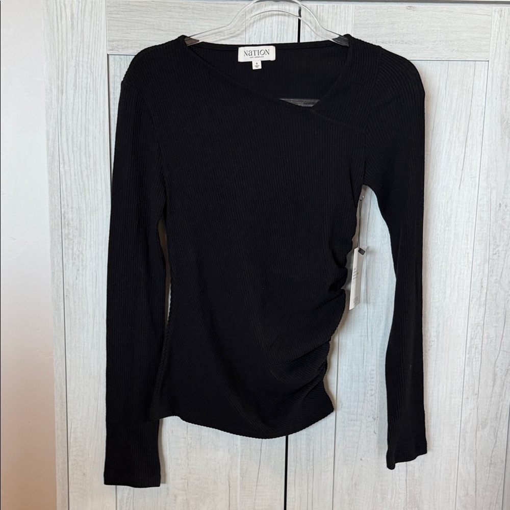 Nation LTD Arlo Black Ribbed Long-Sleeve Asymmetric Top